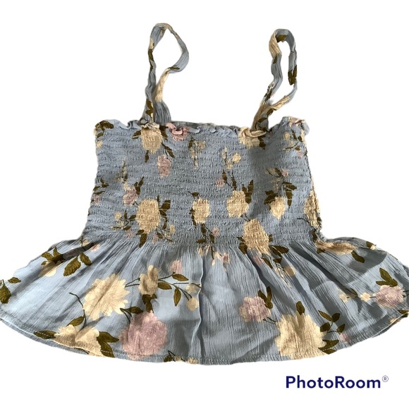 American Eagle Tank Womens XS Blue Crop Pleated Bottom Floral Print Viscose - Picture 1 of 6